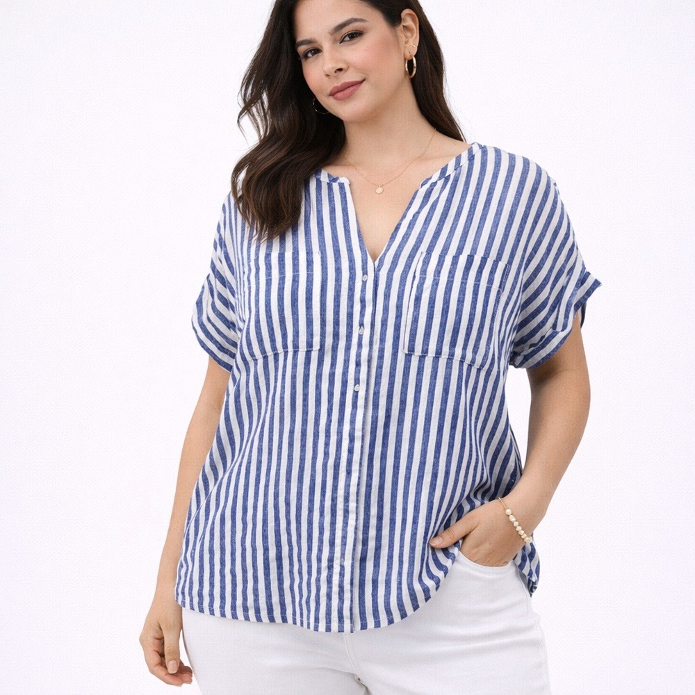 Boden Womens 100% Linen Striped Short Sleeve Button Up Blouse 14L Tall Nautical